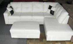 MADE IN CANADA
 
This brand new sectional is made of hardwood frames, no sag springs, and 2.0 density foam. Available in any colour bonded leather or choose over 100 fabrics and materials. The chaise on this sectional can be made on either side( left hand