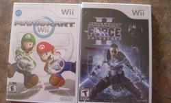 I HAVE BRAND NEW, NEVER OPENED, STILL IN PLASTIC WRAP, MARIO KART AND STAR WARS-THE FORCE UNLEASHED II both for Nintendo Wii. Also have 2 Wii Wheels with Operations Manual. Asking $45 for Mario Kart (sells for $60 at Toys r us, Walmart and Future Shop)
