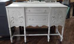Shabby chic sideboard in Country Chic Simplicity, pearl and natural wax. 51L x 29 D x 38.5 H. ReLoving Furniture, 101-751 Goldstream Ave.