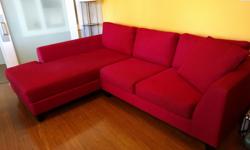 Very comfy, sturdy, red weaved fabric sofa with a chaise. Canadian made by Elite Sofa Designs in Delta BC, only 15 months old. Non-smoker, pet friendly (2 cats) home, good shape!
Dimensions: 101"wide x 38"deep (sofa part) x 74"deep (chaise part) x
