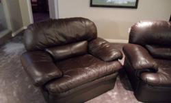 I've got a great condition chocolate brown real leather oversized chair, loveseat and couch for sale. Cushions do come off for easy cleaning but have Velcro bottoms so they stay in place. Very light and easy to move. Please email me any offers. No rips or