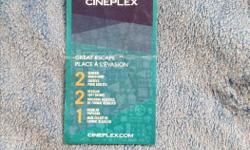 Hi I am selling 1 cineplex movie ticket for $20 that is with a $6
discount on this ticket and this is what you get with it.
* 2 General Admissions
* 2 Regular Soft Drinks
* 1 Regular Popcorn
That is a amazing deal all for $20 come and pick it up
first