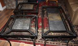 Black metal, glass and slate tile tables. Approximately 4 years old, purchased new at The Brick. Excellent condition. All pieces original, nothing broken. Tiles can be changed to match decor. Comes with extra tiles.