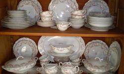 Two dish sets for sale, very good condition.  Noritake Nippon Bridle Rosey serving dishes -  made in Chechoslovakia - plates, sauces, soup bowls, cups - set of six.  Royal Daulton - Pillar Rose pattern, set of 8 Made in England Phone 306-749-3152 Please