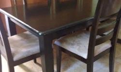 I have a lovely contemporary dinette set, which is deep cappuccino brown in colour. The set comes with 6 microfiber chairs, which wipe clean easily. The set comfortably seats 6. The set is a steal at only $250.
I have 2 end tables, which are also deep