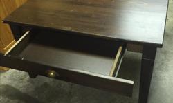 Square on shape. Narrow but wide drawer on both sides of table. Bought from ikea. Gently used. Good condition.