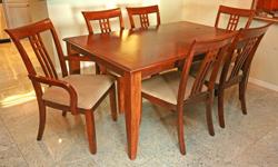 Table (L 66" x W 42" x H 30") with leaf extends (L 84" x W 42"); 2 Arm Chairs & 4 Side Chairs; Buffet (W 17" x L 56" x H 32") with Hutch with Glass Shelves & Interior Light (H 81") $1,750.00 complete.