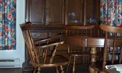 Unfortunately have to part with a very attractive hardwood dining set.   It has been very well cared for.  6 chairs 2 of which are captains. Great storage and display in buffet hutch (2 pieces) which is a perfect size.  Shelves for cabinet included.