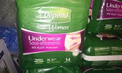 Numerous new unopened packages of women's Depends underwear available for sale in size XL (Fit-Flex Protection/ Max Absorbency).
$5.00 each (per package of 14).
