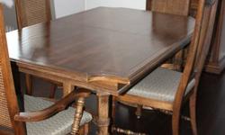 2pc china unit 72"w x 18"d x 80"h
mobile server 39 1/2"w x 18 1/2"d x 37 1/2"h
dining table 66"w x 42"d x 102" ext 2 - 18" leaves
4 side chairs
2 arm chairs
cherry wood and kathane
Excellent condition!