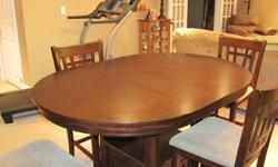 We have just bought a new dining table and chairs and are selling our current set.  This table and chairs is bar height and in good condition.  Please email if interested.  The table is 60" long with the leaf in.