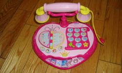 * Adorable role-play phone for a musical learning experience
* 5 learning activities teach numbers, music, objects, Disney Princess character facts and much more
* Features a 0-9 light-up number keyboard and flip-over phone book that introduces Princess
