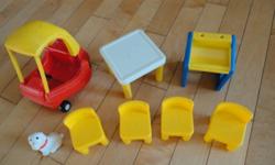 Miniature replicas of full sized Little Tykes toys for a doll house. Car, desk, table four chairs, picnic table, slide pool, slide, and turtle pool with cover. Works great for Barbie too. Any questions please e-mail or call 905-648-8207