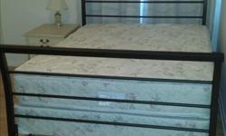 Adjustable double bed frame with metal headboard and footboard in new condition. Very clean mattress (medium firmness) and box spring are included in the price. Similar bed frame retails for more than $400 at Sleep Country.