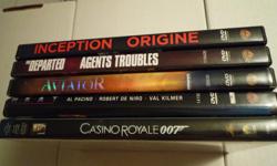 Inception, the Departed (Full Screen), Aviator (2-Disc Wide Screen), Heat (was a snap case but put the cardstock cover into a regular plastic case), and Casino Royale - James Bond (2-Disc Full Screen). All in Excellent Used Condition (ECU). $5 Must take