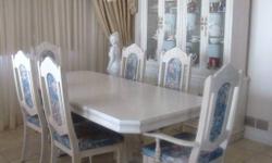 ELEGANT BLEACHED OAK DINNING ROOM SET
ASKING: $950. OBO
Selling an elegant bleached oak dining room set in very good condition. Includes table with leaf;  6 chairs and buffet & hutch with interior lighting.
 
Measurements are approximately: 
Dining table: