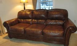 Elegant blended leather, 3 seat Sofa - Brown.
well cared for, comfortable. Smoke + Pet Free home.
Stud detail round top back + carved wood on front.
Leather has some cracks in it - hence the v. good price.
$250.
Also have matching 2 seat Sofa for $300 -