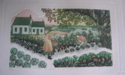 This charming etching, matted and framed is called "Le Jardin de Grand Mere". Jacques Brousseau was born in Quebec in 1945. A biography is on the back of the piece of work. The etching is also embossed. It is 22" x 27".