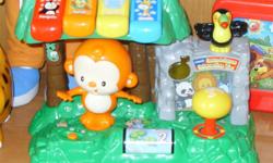 hours of fun with these fisher price baby toys. each one is battery operated and plays music and has activites for your child.
1. is a piano and make the monkey dance interactive toy.
2. is a cog type game with removable turning pieces and ball maze
3. is