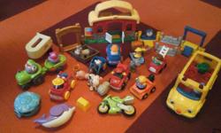 Fisher Price Little People. 7 people, various animals including 3 horses, school bus, various vehicles, barn, water toys and more. Asking $15 for the lot