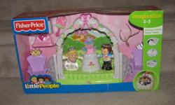 Hello, we are selling a Fisher Price Little People Royal Garden Wedding set. The set is new in original packaging but one piece is missing (the table that was in the upper right corner of the box). It was removed and unfortunately lost.
The dolls and