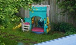 Fisher Price castle play structure (approx 6 feet high) with:
-covered sandbox
-climbing structure
-small slide
In great condition, just a bit of dirt on it. We've dismantled the castle for easy transport--it's at the end of our driveway and ready for
