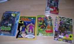 Hello,
i am selling
five action figures:
-W.I.L.DCATS Daemonite: $6.50
-Spawn Cy-Gor: $6.50
-Dick Tracy Mumbles: $6.50
-Earthworm jim Henchrat and Evil cat: $6.50
-Transformers Cybertron Snarl: $11.00
all the figures all mint in sealed package and would