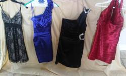 4 barely worn semi formal/ prom dresses for sale
 
Each dress was worn once. Perfect condition, not stains, rips, missing gems or loose hems.
 
-1 Blue satin 1 shoulder dress (size small approx size 2-4) ties in back,  3 flowers on shoulder - Worn for a