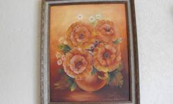 FRAMED OIL PAINTING of large brown flowers with accents of daisys, set in ornate old wooden frame .. 23x19... part of a collection of oil paintings by the late former Trail Artist ZENA WILSON d.  who was well known in the Art Community for her beautiful