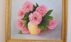 FRAMED OIL PAINTING -  delicate pink peonies set in yellow vase ..19x23..part of a collection of oil paintings by the late former Trail Artist ZENA WILSON who was well known in the Art Community for her vibrant oils and self portraits of local people and
