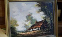 Oil ?? or acrylic painting in a 19 x 23inch wooden frame with gold tone finish -- rural scene of an old cottage