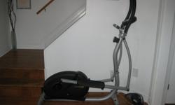 Freespirit Elliptical Machine. It's in great condition, and you will be too! Work out indoors! Stable, durable and easy to clean!
This machine has a built in fan, pulse sensor and adjustable pedals with adjustable resistance levels. It also has built in