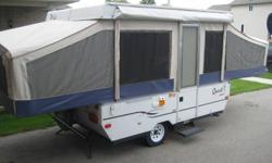 Jayco Qwest  10' box 2002 tent trailer in excellent condition. Sleeps 6 comfortably (double bed, queen bed and single/double on table. Sink, stove, furnace, attached awning, propane tank & portable toilet included. Gently used only once or twice a season