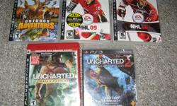 My son is looking to sell some gently used PS3 games to purchase new ones.  Available are:  Cabela's Outdoor Adventures (Fishing/Hunting game) $20, NHL 08 and NHL 09 for $15.00 each, Uncharted Drake's Fortune $25, and Uncharted 2 Among Thieves for $25.