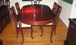 This is a classic Gibbard Mahogany 3 piece dining room set, consisting of table, 6 chairs, Hutch and side board.
The dining room table has two additional leafs and can open out to seat 10 comfortably. A heat protection pad is included.
The chairs are 4