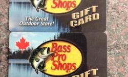 I have two "Bass Pro Shops" gift cards worth $25.00 each.
Selling them for $20.00 each; or, both for $30.00.