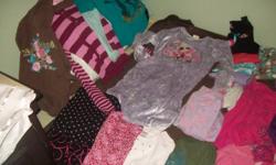 8 t-shirts, 7 long sleves, one house coat, pink parsmina, one night gown, four summer dresses, two over shirts, two sets of tights. Can pay for each item seperatly of all for $20