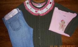 Girls Gymboree Gingerbread sweater size L or 10/12 in excellent condition.  Gymboree pink gingerbread top size 12 (free, due to some faint spots).  Gap boot-cut stretch, adjustable waist jeans, size 10.  Jeans do come with the embroidered tie-belt.
 
Most
