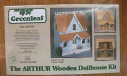 I am selling this new  Dollhouse (The Arthur) and the furniture kits together.
20 1/2"w X 23 1/2" h X 14" deep.
Greenleaf kits are easy to build and lots of fun, made of precut thin, light plywood
No nailing, glues together easily
Silkscreen printed