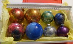 Sparkly Glass Ball ornaments- 4 x 3-inch- $2.00 each                           
(assorted colours)                                             - 6 x 2-1/2-inch- $1.00 each
Hand Decorated Satin Ornaments- 36 x 2-1/4-inch - $2.00 each
(assorted colours &