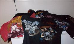 XL
Harley T-Shirts from Harley Dealerships from Across Canada and USA
Also some from bike ralley's example Surges.
There is 54 Shirts from t-shirt,tank tops and long john material shirts.
There is a few women's tank tops size small!!!
All T-Shirts are
