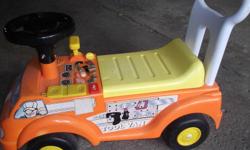 THIS TRUCK HAS BEEN USED OUTSIDE BUT IS IN GOOD SHAPE AND IT HAS SMOOTH WHEELS AND MANY DIFFERENT SOUNDS FOR TOOLS AND A VOICE TO WELCOME YOU TO HOME DEPOT.  IT IS GOOD FOR SHORT CHILDREN AS IT RIDES LOW TO THE GROUND.IT HAS A STORAGE AREA UNDER THE SEAT.