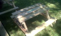 Home Made
 Kids picnic tables  $50 dollars. Great for your little ones,
 or the grandkids. Adults Wooden benches and chairs,$250
 for all three .