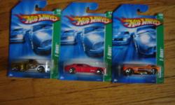 I have some 2007 treasure for sale,these are regular treasure hunts.
mega thrust 5/12
custom 69 chevy 10/12
cadillac v16 11/12
69 camero 3/12
jaded 8/12
nissan skyline 2/12
I am asking $5.00 each., packages are in excellent condition.