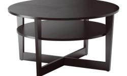 IKEA Vejmon coffee table in black-brown colour.
Mint condition
35 3/8" in diameter
Ikea link: http://www.ikea.com/ca/en/catalog/products/60136680/
Sells for $199 at Ikea. Save yourself the trip.
I also have three matching side tables in a separate ad if