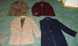 Four women's Jackets as follows:
1.Navy, Size10 for $15.00
2. Green/Brown Size 9/10 $15.00
3. Wine Corduroy, Size M $10.00
4. Green Corduroy, Size L, $10.00
All in good condition, worn very little.