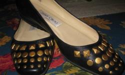 Black leather flats, never been worn, brass studs size 36 1/2, made in Italy