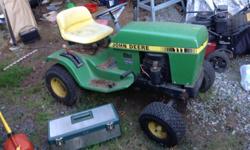 Two John Deere mowers, one a 111 , one 110 , only one motor 11 horse , spark issue, both bodies are gexcellent new belt on the 111, tires good on 111, rims and tires on 110 need rubber or fixing , two mower decks , one 36 in , one 48 in , 500 boo, need