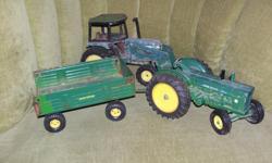 John Deere tractor and trailer and a well used tractor