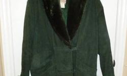 ** HUNTER GREEN WINTER DRESS JACKET WITH FAUX FUR TRIM, DOUBLE BREASTED 2 POCKETS. ** Rest and Relaxatioin Outerwear Size small/medium   $35.00
**STEEL BLUE ZIPPERED FALL/WINTER JACKET** GREAT LENGTH FOR DRIVING.  LAMBSWOOL LINING.  Northern Sun size